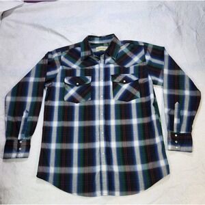 Bit & Bridle Western Pearl Snap Plaid Shirt Mens Large Blue Green Cowboy